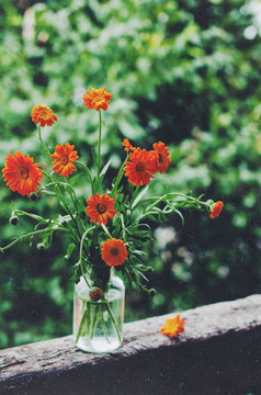 Bouquet of red chrysanthemum on rusted windowsill