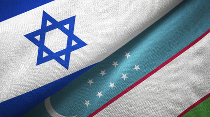Israel and Uzbekistan two flags textile cloth, fabric texture