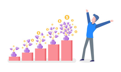Man standing with hands up, money plant in vase on rising step, finance strategy. Human in casual clothes, portrait view, investment progress vector