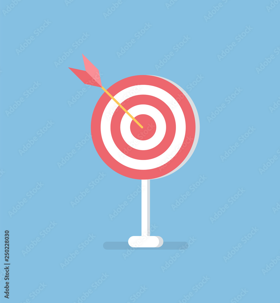 Poster arrow in target, vector isolated on blue. accuracy concept, dartboard with dart in center. business 