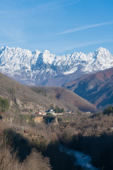 Moraca monastery on a background of snow-capped mountains