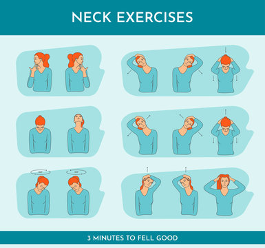 Vector colorful illustration set with neck exercises by girl. Creative concept. Blue and orange colors