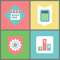 Business and work items vector, calendar and calculator, cogwheel symbol and tournament pedestal. Organizer and measurement device, success achievement