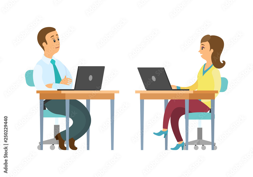 Poster people working on laptops in office vector, workers support. woman and man using computers to commun