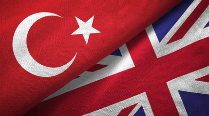 Turkey and United Kingdom two flags textile cloth, fabric texture