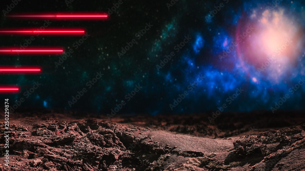 Canvas Prints red laser beams over outer space background with galaxies and stars. extraterrestrial alien planet. 