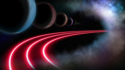 Planets and intergalactic highway. Outer space background with colorful galaxies and stars.