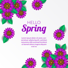 Hello Spring banner template with beauty purple flower blossom