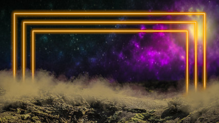 Yellow laser neon light portal gate over outer space background with galaxies and stars....