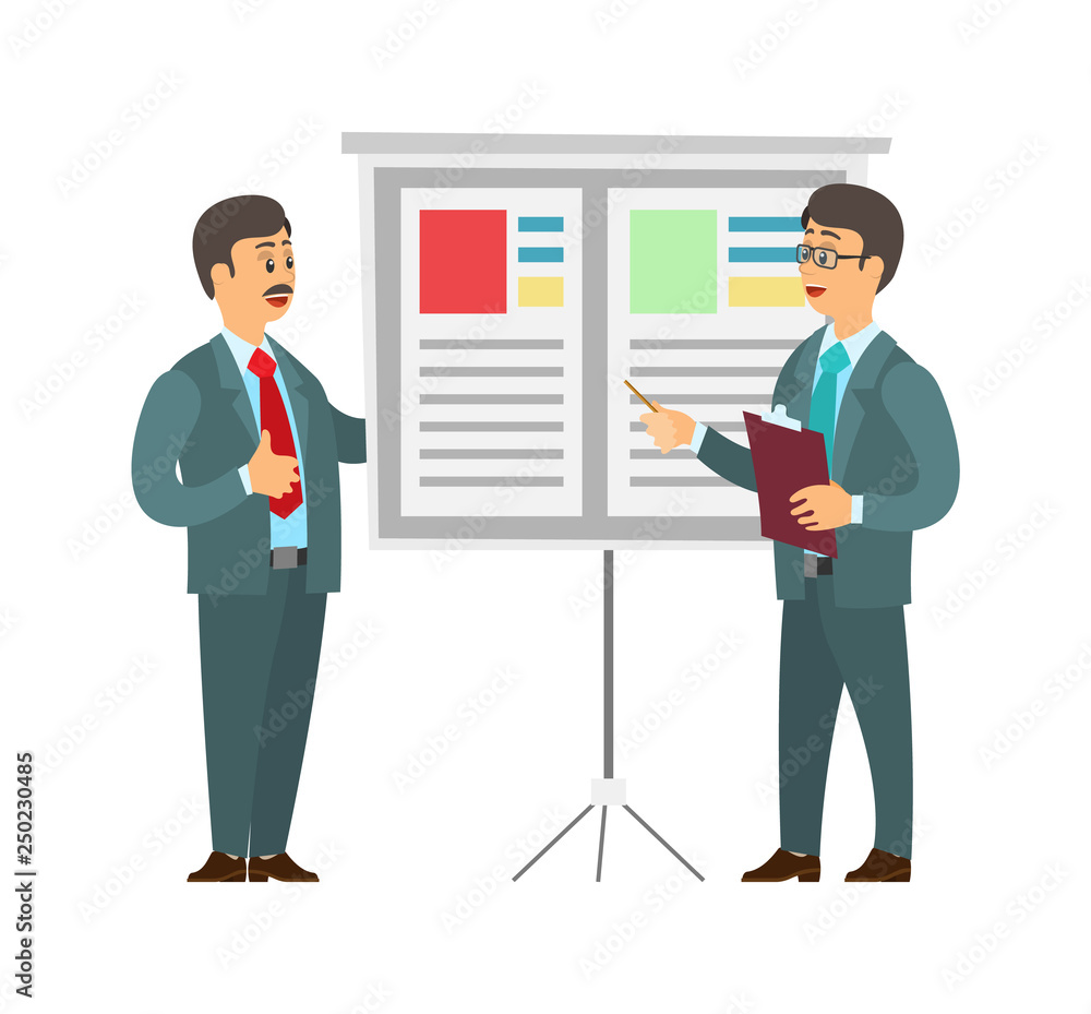 Aufkleber whiteboard with text and data vector. man giving presentation on seminar, boss listening to orator a