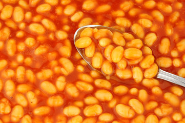 Baked bean and tomato sauce background with spoon