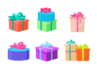 Presents vector, gifts decorated with ribbons and bows, wrapped in special paper. Celebration of holiday, isolated icons set of packages boxes to give