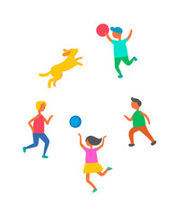 Fototapeta na wymiar Children playing in ball with dog pet outdoors vector isolated. Cartoon style kids boys and girl play with canine animal, happy childhood concept