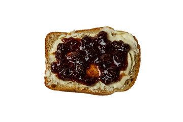 slice of white bread with butter and strawberry jam isolated, white background