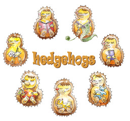  A set of a family of seven friendly hedgehogs who are having fun. Reading, knitting, eating, sleeping, playing, calling, writing