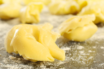 Pasta tortellini uncooked closed up