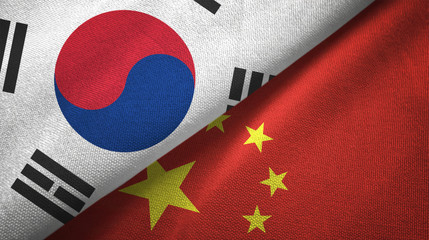 South Korea and China two flags textile cloth, fabric texture