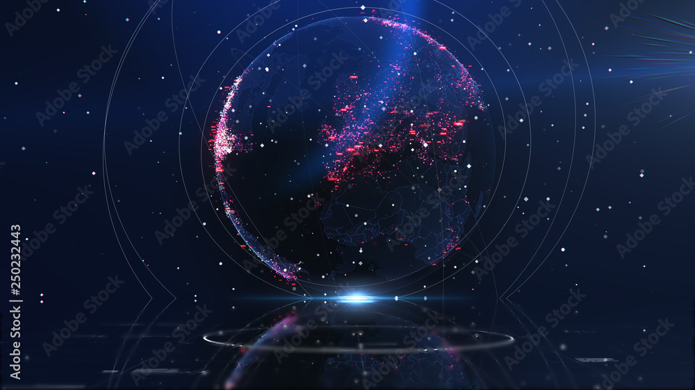 Poster global network technology. data exchange and global network over the world 3d rendering. global netw