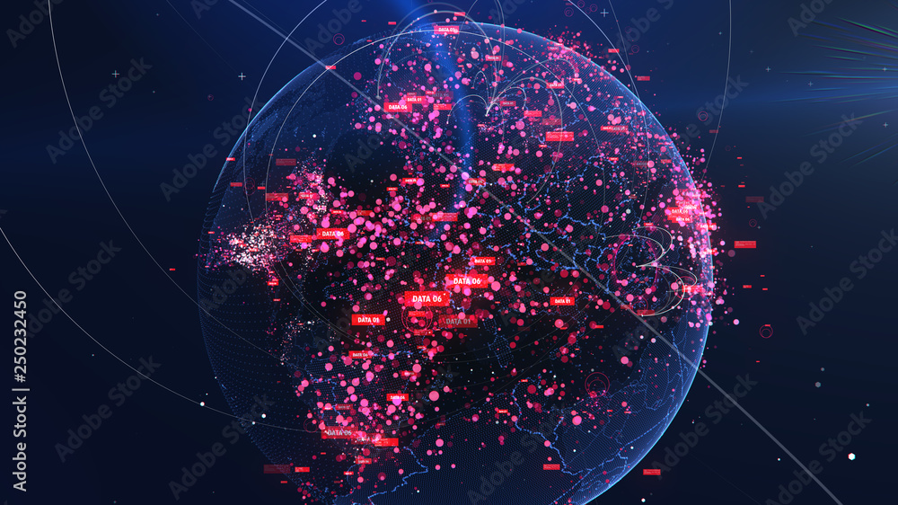 Poster global network technology. data exchange and global network over the world 3d rendering. global netw