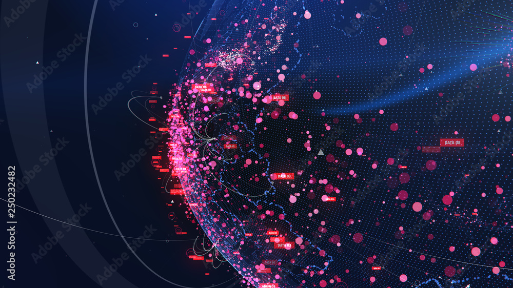 Poster global network technology. data exchange and global network over the world 3d rendering. global netw