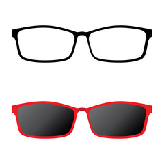 Glasses icon and red sunglasses isolated on white background.