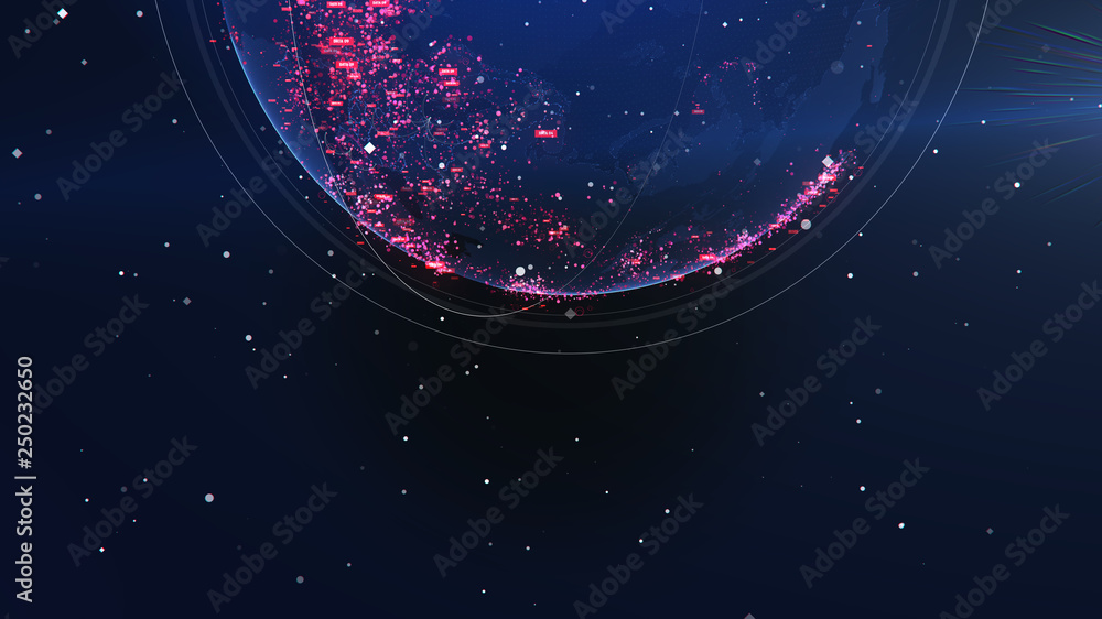 Poster global network technology. data exchange and global network over the world 3d rendering. global netw