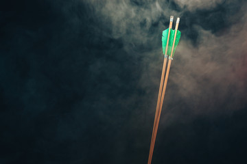Two wood arrow. Beautiful smog background. Medieval weapons are handmade.