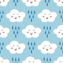 Repeated raindrops and clouds with smiling faces. Cute seamless pattern for kids. Funny children's print.