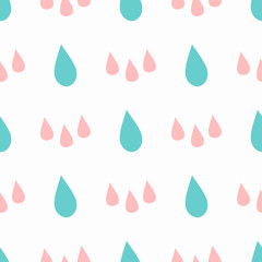 Girlish seamless pattern with repeating raindrops. Girly print. White, blue, pink.