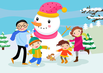 Obraz na płótnie Canvas Family and snowman