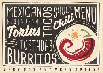 Tacos, tortas, tostadas, burritos, chili, Mexican food restaurant menu design concept. Chalk board menu for hot and spicy food. Vector illustration. 