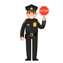 Police officer stop sign policeman law justice cop crime protection cartoon flat design character isolated vector illustrator
