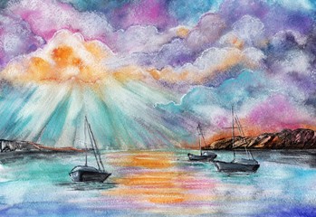 Boats in the sea by watercolor