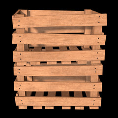 Wooden box for transportation and storage of products. Empty crate for fruits and vegetables. 3d render on black background.
