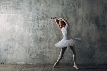 Fototapeta premium Ballerina female. Young beautiful woman ballet dancer, dressed in professional outfit, pointe shoes and white tutu.