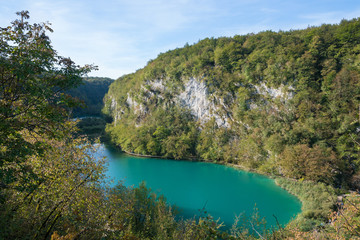 aerial view over turquoise lake at plitvice lakes national park in Croatia