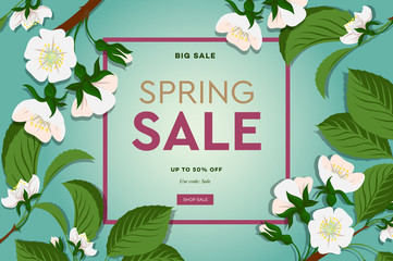 Spring sale floral banner with blooming cherry flowers on green background for seasonal design of banner, flyer, poster, web site, vector illustration.
