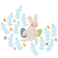 Adventures of Easter bunnies, who are looking for and hiding holiday eggs. Easter design elements in minimalistic vector style. Illustrations for kids.