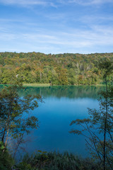 Fototapeta na wymiar view of plitvice lakes in national park in croatia through the trees 