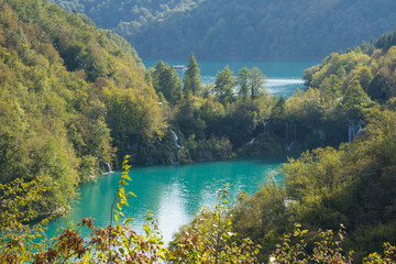 aerial view of turquoise lakes and waterfalls at plitvice national park in croatia