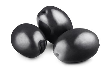 Three delicious black olives, isolated on white background