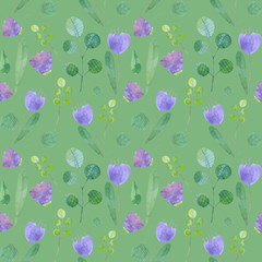 seamless pattern with cute watercolor illustration of stylized flowers.