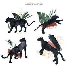 Watercolor tropical leaves and black panther collection