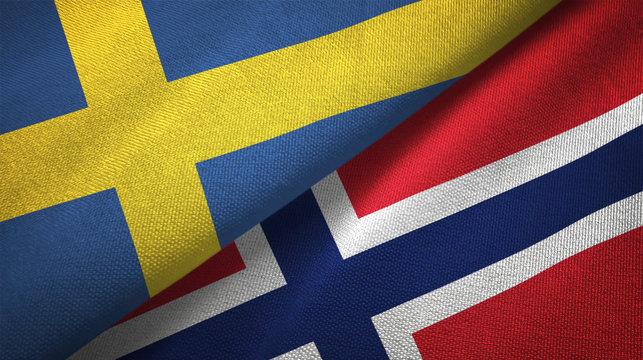 Sweden and Norway two flags textile cloth, fabric texture