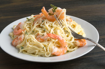 spaghetti cream cheese white sauce with shrimp - Italian food style
