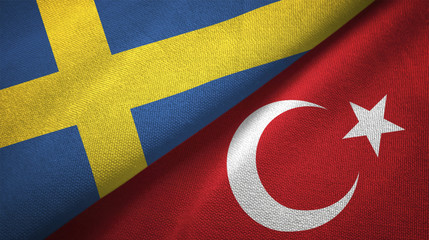 Sweden and Turkey two flags textile cloth, fabric texture