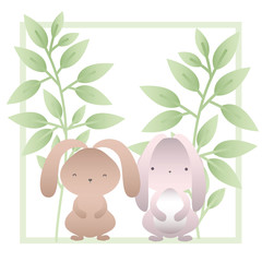 rabbits with branchs and leaves isolated icon