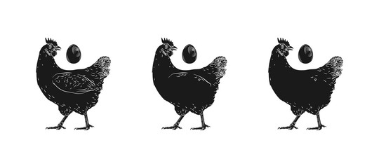 Chicken hen fresh, roster head, egg isolated logo, white back. For shop,  farm, butcher, poultry. Illustration. Label, sign, emblem, symbol, mascot. Set of logotypes. 