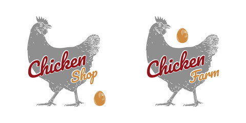Chicken hen fresh, roster head, egg isolated logo, white back. For shop,  farm, butcher, poultry. Illustration. Label, sign, emblem, symbol, mascot. Set of logotypes. 