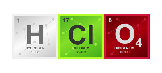 Vector symbol of mineral perchloric acid HClO4 consisting from hydrogen, chlorine and oxygen atoms and molecules on the background from connected molecules. Icon is isolated on a white background.